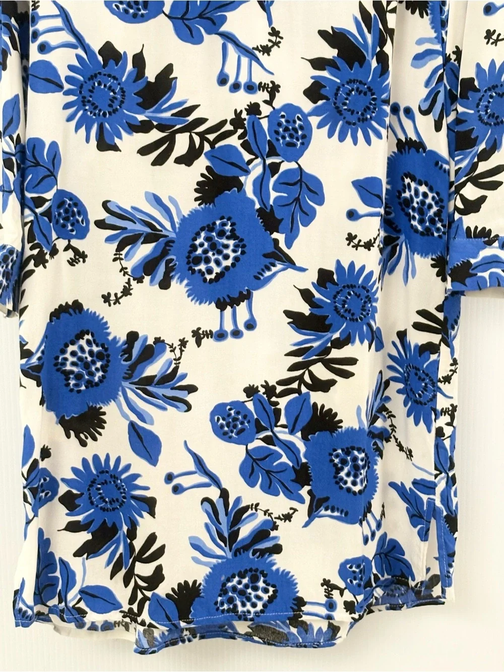 Milano Italy White Dress with Blue and Black Floral Print Long Sleeves Size 36